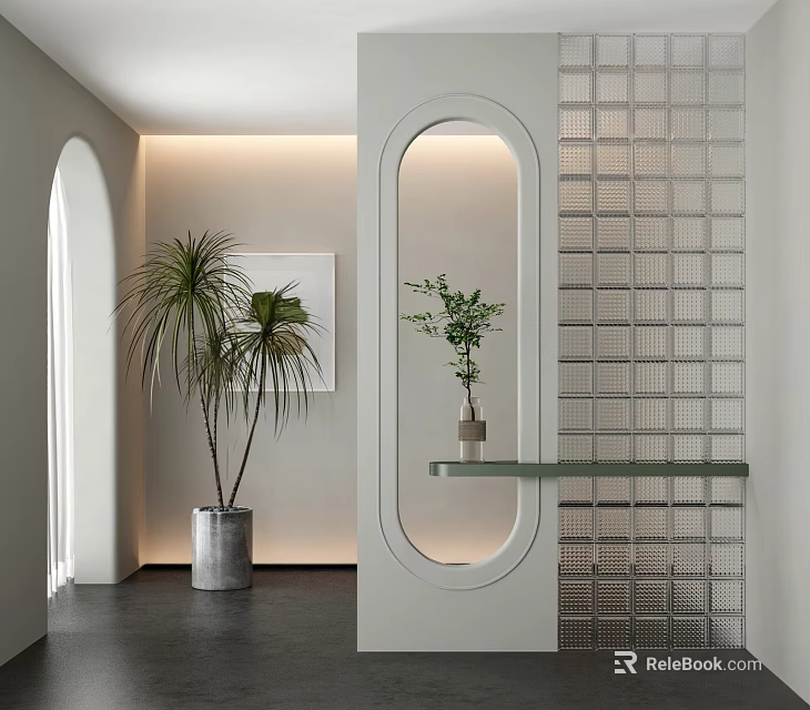 Modern Room Divider With White Frame Oval Cutout Grid Pattern And Glass Shelf With Plants 3d model 