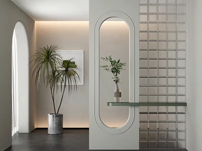 Modern Room Divider With White Frame Oval Cutout Grid Pattern And Glass Shelf With Plants 3d model