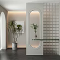 Modern Room Divider With White Frame Oval Cutout Grid Pattern And Glass Shelf With Plants
