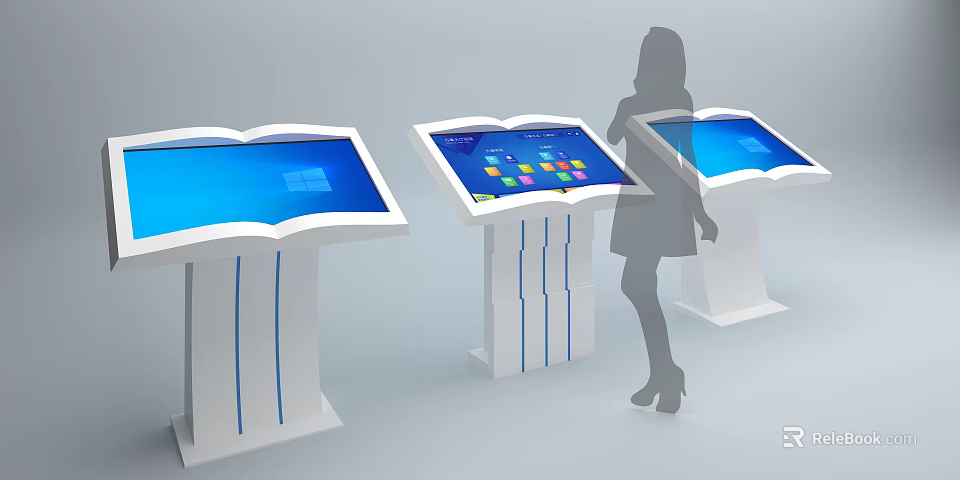 Book Shaped Interactive Touchscreen Kiosks With Blue Display And Female User 3d model