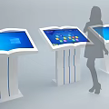 Book Shaped Interactive Touchscreen Kiosks With Blue Display And Female User 3d model