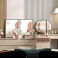Modern Bedroom Dresser With Round Mirror Vase Of Flowers Framed Art Chair And Window Trees