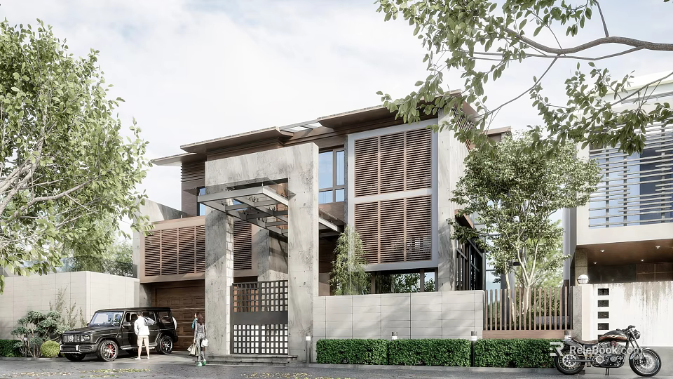 Modern Single Family Villa With Concrete Facade Wooden Louvers And Landscaped Garden 3d model 