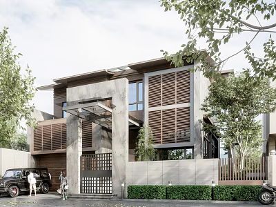 Modern Single Family Villa With Concrete Facade Wooden Louvers And Landscaped Garden 3d model