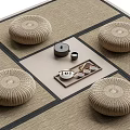 Japanese Style Tatami Seating Area With Woven Cushions And Tea Set Tray