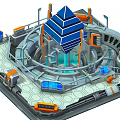 Cartoon Sci-Fi Scene Featuring Circular Structure Blue Pyramid Ring Track Hexagonal Floor and Orange Elements 3d model