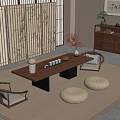 Japanese Tea Room Interior With Wooden Tea Table Tea Set Floor Cushions And Shoji Screen