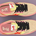 Beige Sneakers With Pink Sole Red Star Design Black Laces And Pink Tongue