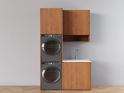 Modern Wooden Balcony Storage Cabinet With Stackable Washing Machines And Sink Faucet 3d model
