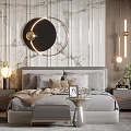 Modern Bedroom Interior Design With Marble Texture Wall Circular Decor Nightstands And Table Lamps