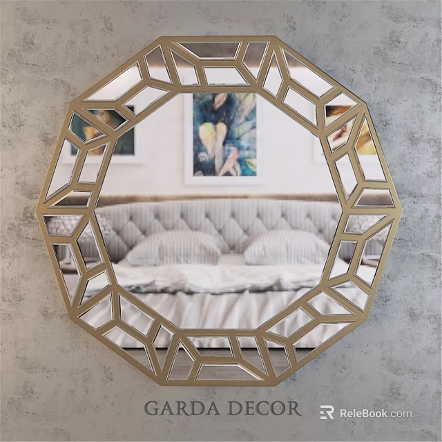 Octagonal Gold Frame Mirror on Gray Wall Reflecting Bedroom Upholstered Bed Pillows and Decorative Painting 3d model 
