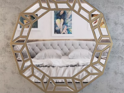 Octagonal Gold Frame Mirror on Gray Wall Reflecting Bedroom Upholstered Bed Pillows and Decorative Painting 3d model