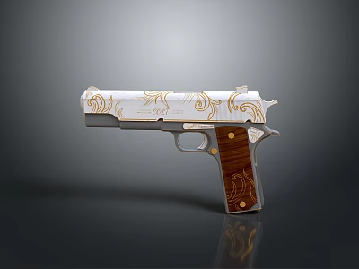 Elegant White Pistol With Intricate Gold Patterns And Polished Wooden Grip Design 3d model