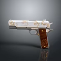 Elegant White Pistol With Intricate Gold Patterns And Polished Wooden Grip Design