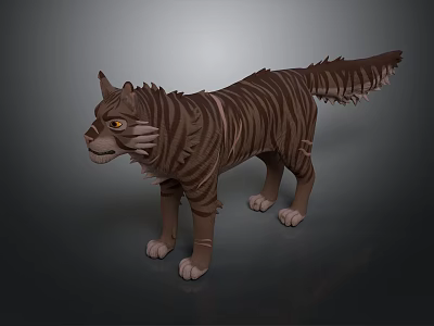 3D Striped Cat Model With Standing Pose Pointed Ears And Bushy Tail Design 3d model