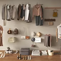 Fashionable Clothes Showcase with Mannequins Hangers Bags Hats and Shoes