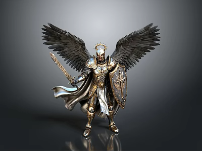 Mythical Man With Angel Wings In Golden Armor Holding Sword And Shield 3d model