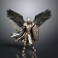 Mythical Man With Angel Wings In Golden Armor Holding Sword And Shield