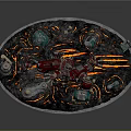 Red Robotic Smart Machine Figure On Lava Surface With Green Gemstones And Gold Accents