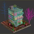 Multi Story Building Model With Balconies Roof Water Tank And Street Lamp