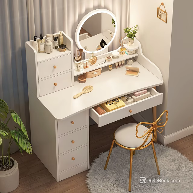 White Vanity Table With Round Mirror Drawers Cosmetics Green Plant And Golden Chair 3d model 