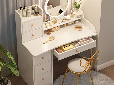 White Vanity Table With Round Mirror Drawers Cosmetics Green Plant And Golden Chair 3d model