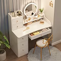 White Vanity Table With Round Mirror Drawers Cosmetics Green Plant And Golden Chair