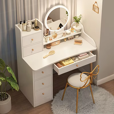 White Vanity Table With Round Mirror Drawers Cosmetics Green Plant And Golden Chair 3d model