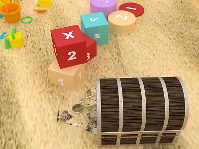Interactive Commercial Educational Equipment With Colorful Blocks Numbers Symbols And Wooden Barrel 3d model