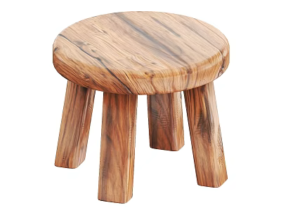 Natural Wooden Round Stool With Four Legs And Clear Wood Grain Design 3d model