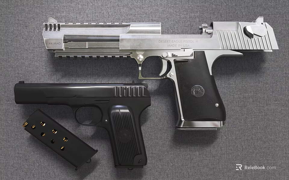 Silver and Black Handgun Collection With Magazine Clips On Gray Surface 3d model 