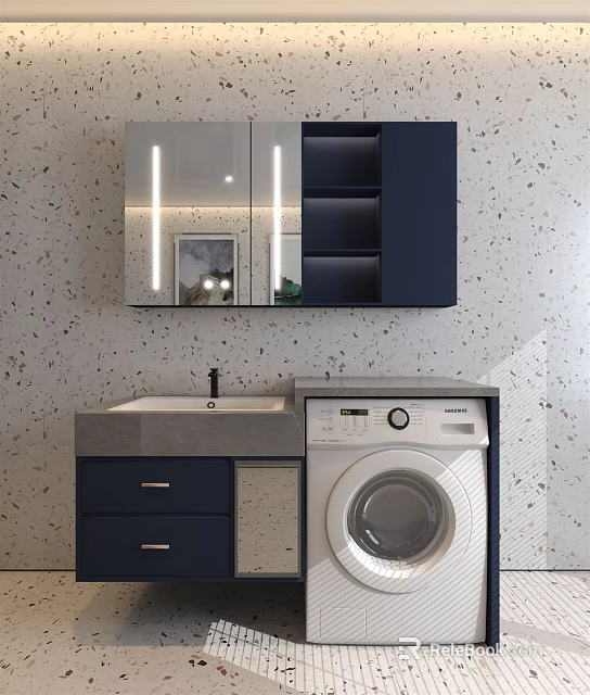 Modern Bathroom Washbasin With Dark Cabinets Mirror Speckled Wall And Washing Machine 3d model 