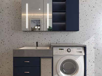 Modern Bathroom Washbasin With Dark Cabinets Mirror Speckled Wall And Washing Machine 3d model