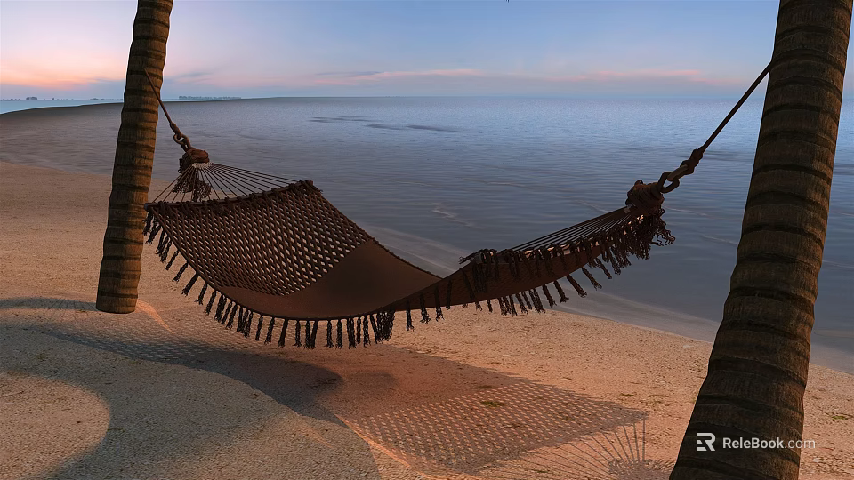 Woven Hammock with Tassels Beach Setting Ocean View at Sunset 3d model 