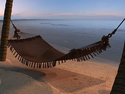 Woven Hammock with Tassels Beach Setting Ocean View at Sunset 3d model