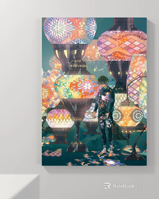 Modern Abstract Painting With Colorful Lantern Patterns Human Silhouette And Transparent Diamond Elements 3d model 