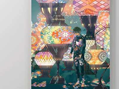 Modern Abstract Painting With Colorful Lantern Patterns Human Silhouette And Transparent Diamond Elements 3d model