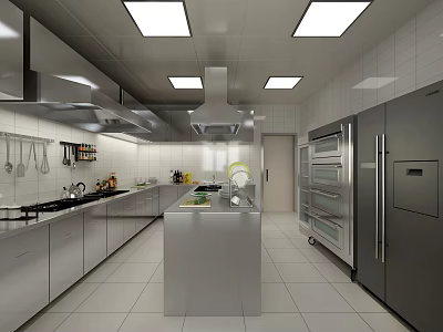 Stainless Steel Commercial Restaurant Kitchen Interior With Island Counter Cabinets Appliances And Tiled Walls 3d model