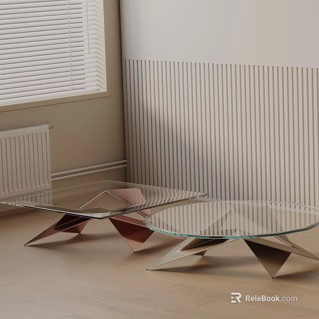 Modern Sofa and Coffee Table Set with Glass Top Geometric Metal Legs and Striped Wall 3d model 