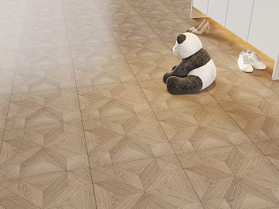 Wooden Floor with Geometric Pattern in Indoor Space featuring Panda Toy and White Shoes 3d model