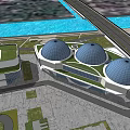 Modern Architectural Structure With Three Spherical Glass Domes And Waterfront Greenery 3d model