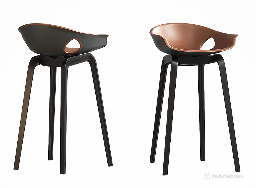 Two Modern Bar Stools With Curved Backrest Black Legs Dark Brown Copper Colors 3d model 
