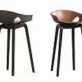 Two Modern Bar Stools With Curved Backrest Black Legs Dark Brown Copper Colors