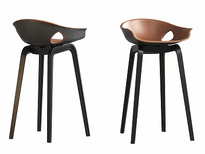 Two Modern Bar Stools With Curved Backrest Black Legs Dark Brown Copper Colors 3d model