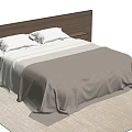 Modern Double Bed with Wooden Headboard White Pillows and Brown Blanket on Beige Rug