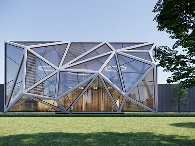Modern Sales Office Building With Geometric Glass Wall Metal Frame Design And Green Lawn Surrounded By Trees 3d model