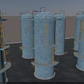 Industrial Plant Industrial Facility Exterior Featuring Blue Storage Tanks with Yellow Ladders and Platforms