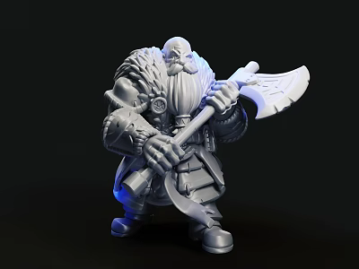Detailed Dwarf Warrior Sculpture with Large Axe and Armored Clothing Gray Resin Material Intricate Design 3d model