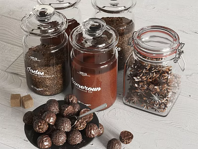 Glass Jars with Cocoa Powder Coffee Beans Star Anise and Chocolate Truffles on Wooden Table 3d model