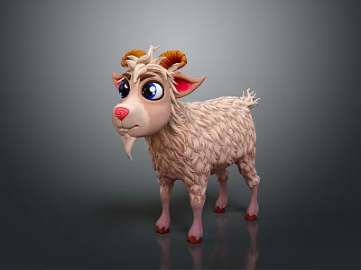 Cartoon Fluffy Goat With Big Eyes Red Nose Curved Horns On Gray Background 3d model
